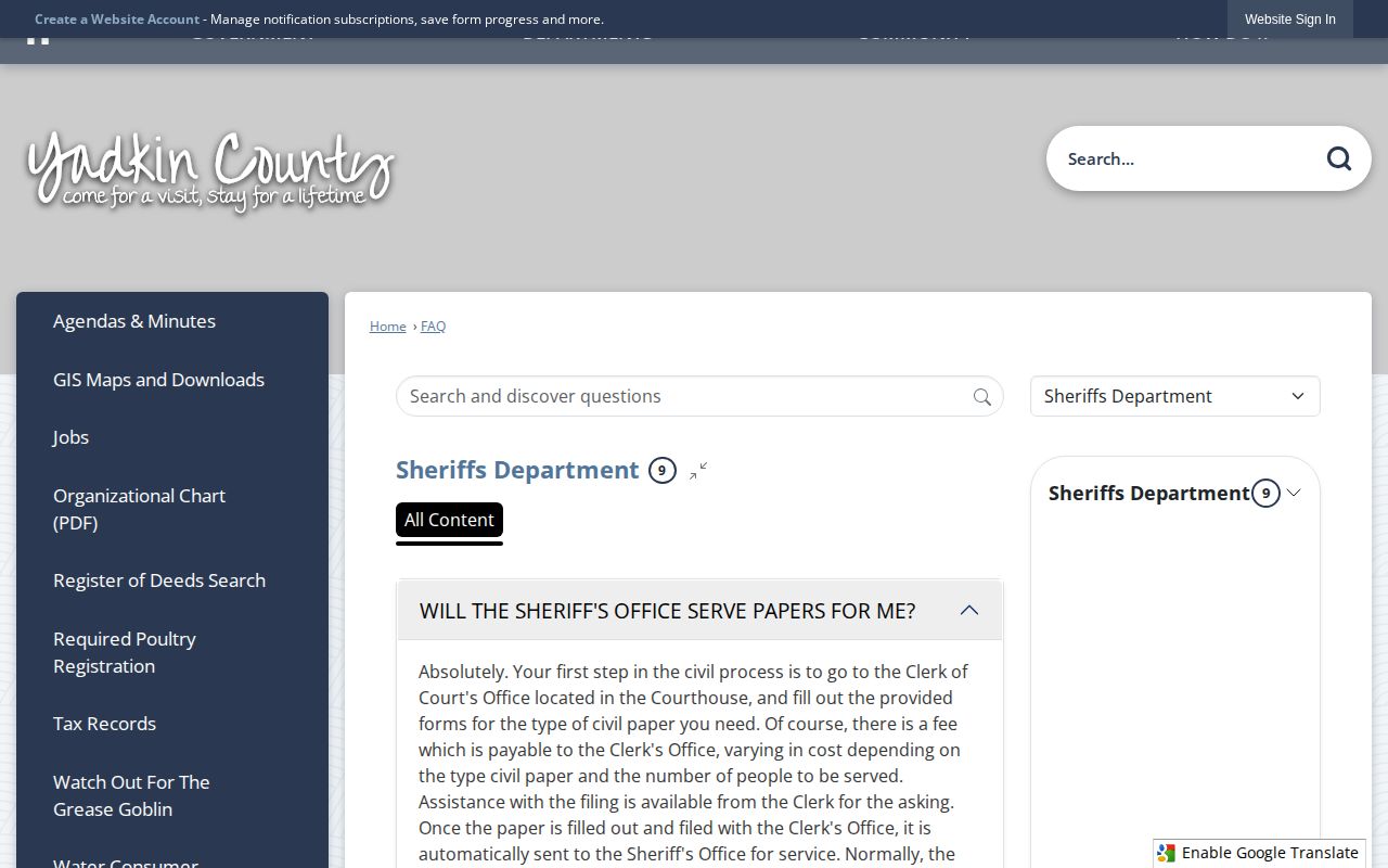Yadkin County Sheriff FAQ with the crime-report copy and SAVAN directions