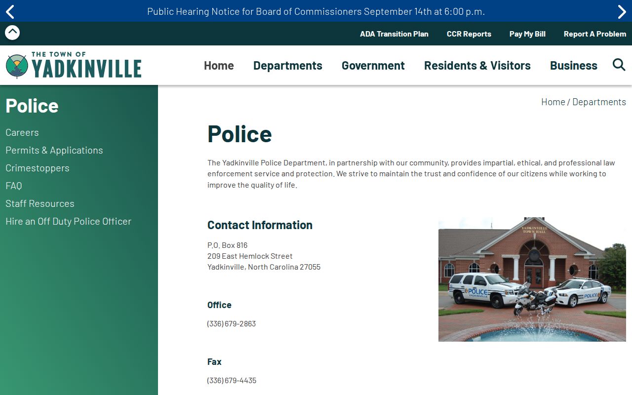 Yadkinville Police Department contact page for recent arrest records