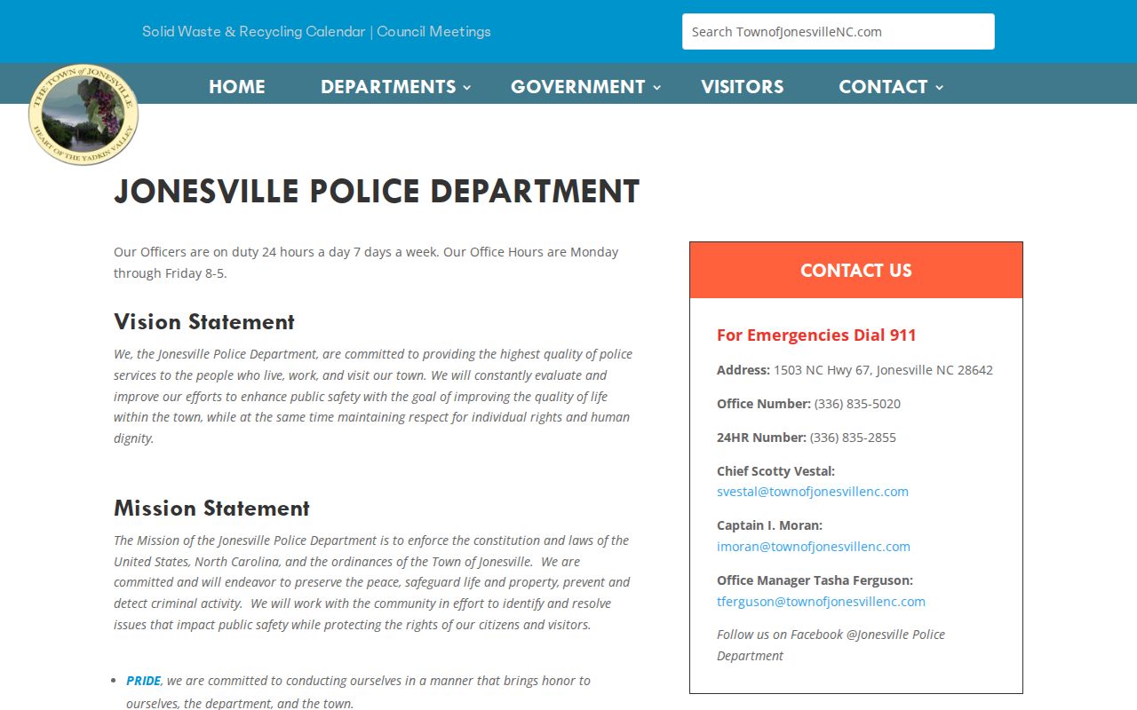 Jonesville Police Department contact page for recent arrest records