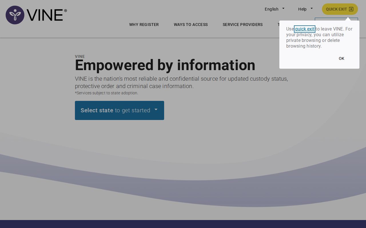 VINELink North Carolina custody search and alert registration entry