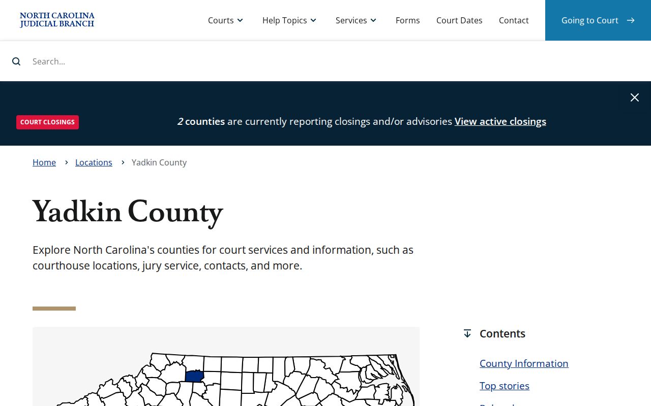 North Carolina Courts Yadkin County page with court-date and criminal-calendar links