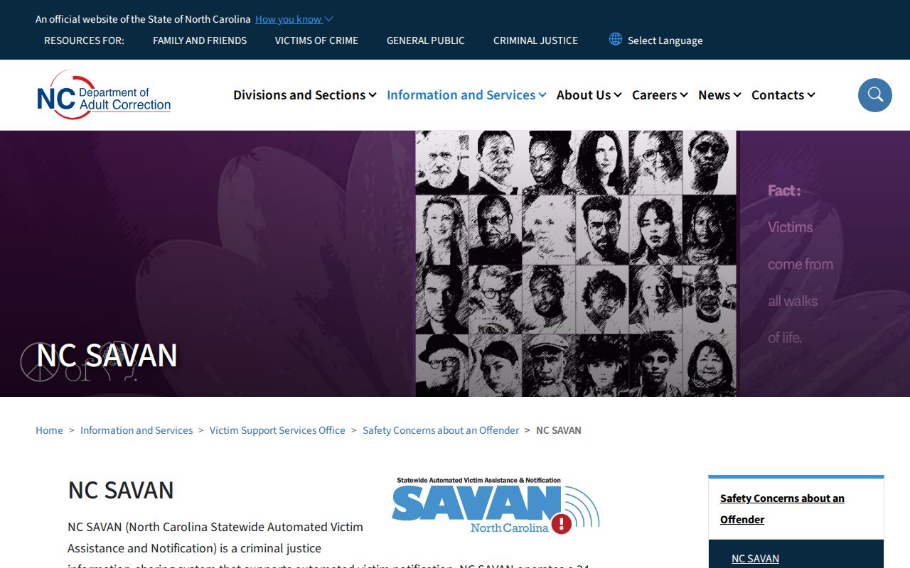 North Carolina SAVAN official statewide service page