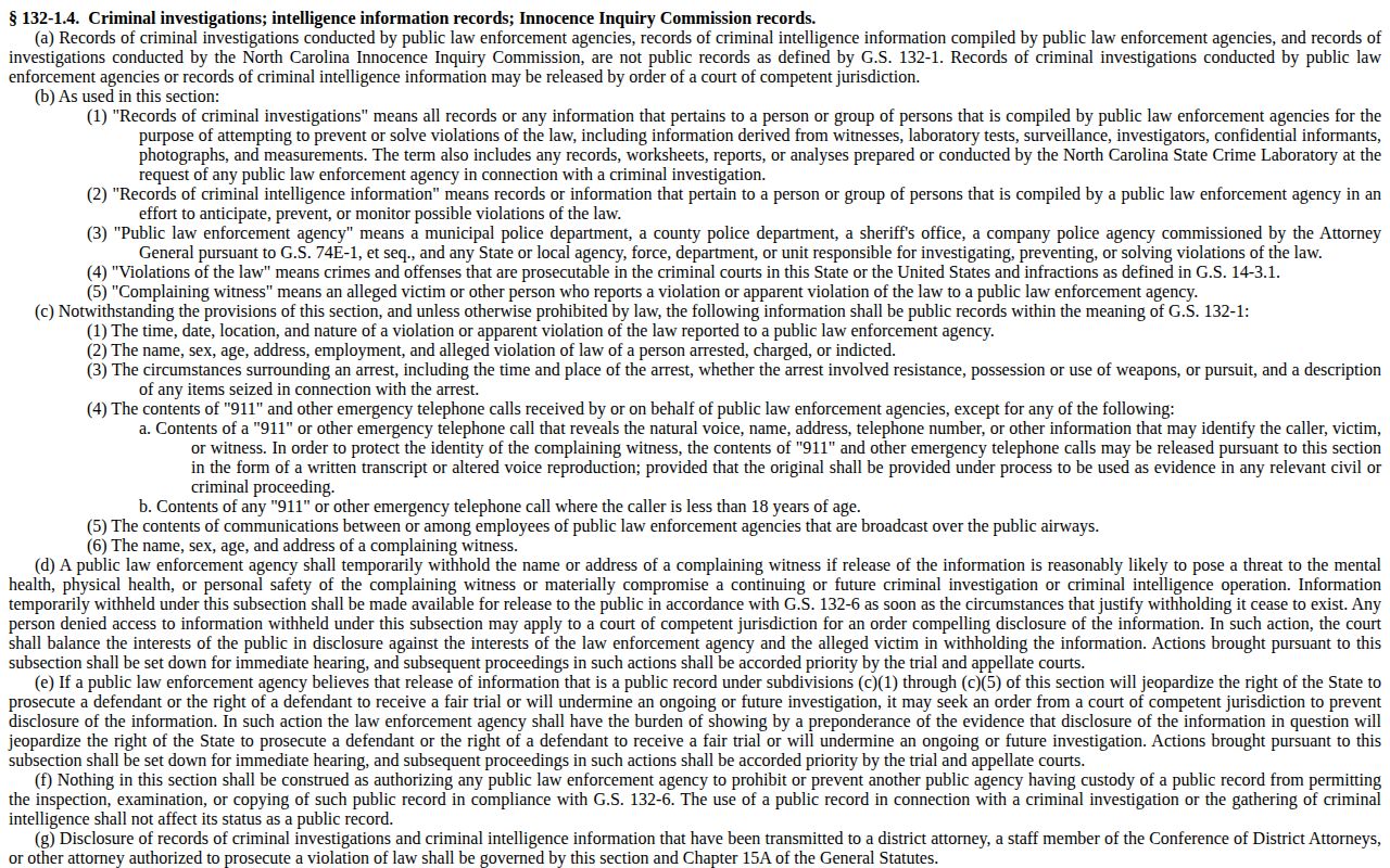 North Carolina public arrest information law for Yadkin County records