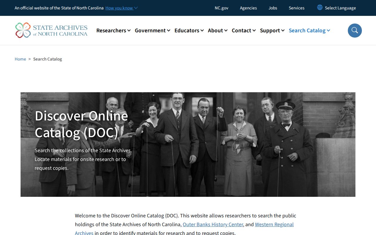 North Carolina State Archives catalog search page for historical holdings